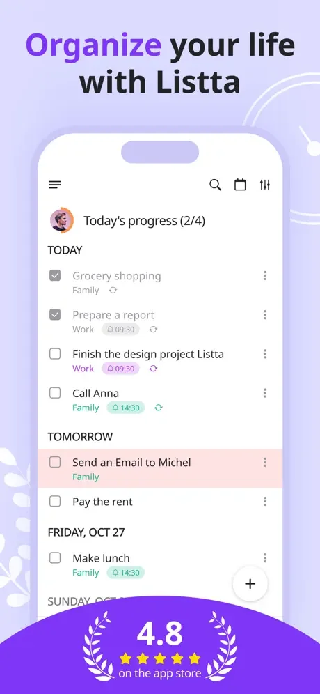 Listta to-do list with daily tasks, checkboxes, category tags, time reminders, and progress tracking for task management