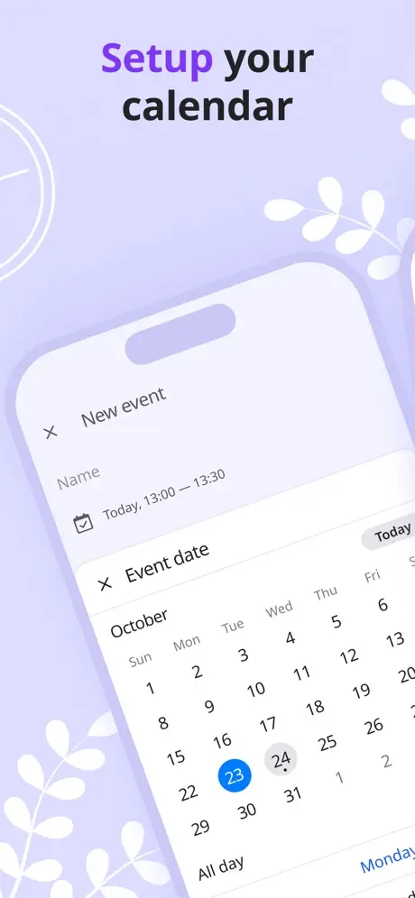 Calendar event creation form with date picker, time selector, and all-day event toggle for scheduling in Listta