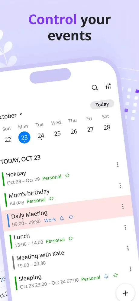 Daily calendar view showing scheduled events with times, categories, and color coding for event management in Listta
