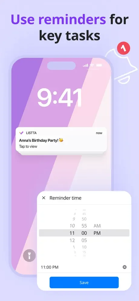 Listta reminder notification with customizable time picker to set task alerts and notifications on mobile device