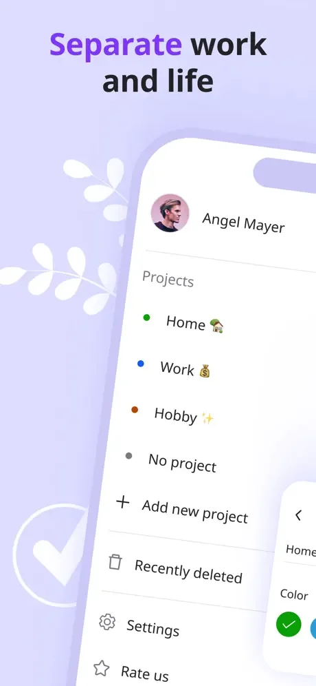 Project categories in Listta with Home, Work, and Hobby options for separating personal and professional tasks