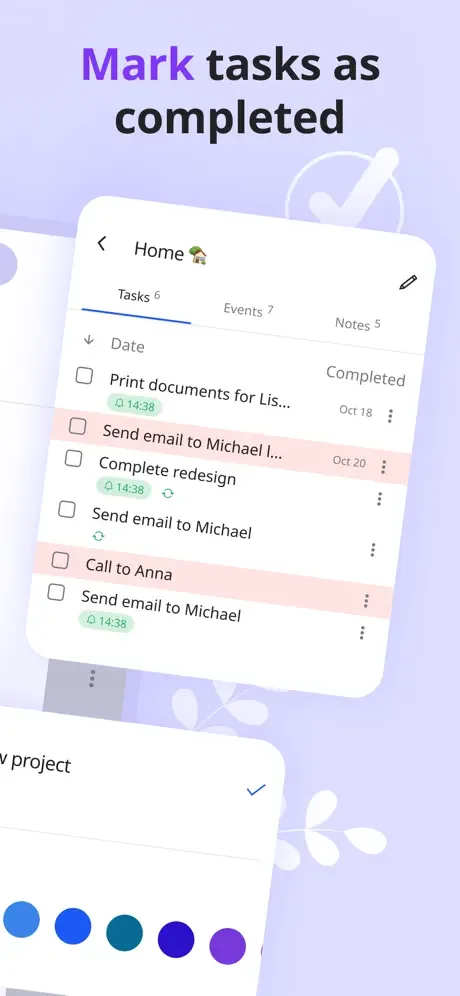 Task list with checkboxes, completion timestamps, and color coding to mark tasks completed in Listta task manager