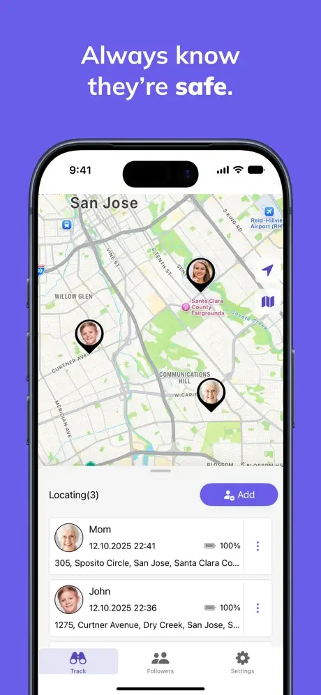 Real-time location tracking map displaying three family members' locations with battery percentages and timestamps in Tracker live location sharing app