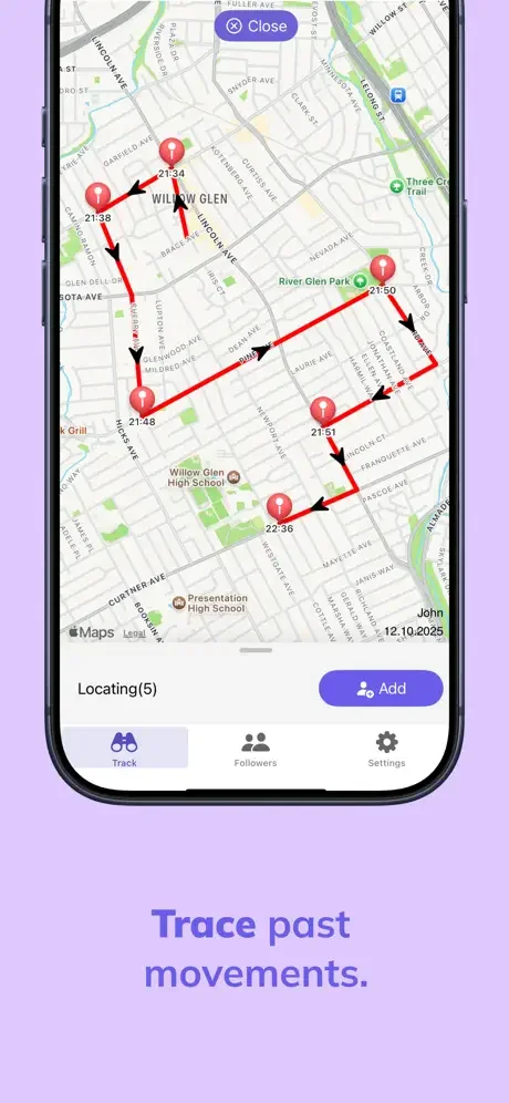 Movement history map showing past location route with time-stamped stops and numbered waypoints for location tracking history