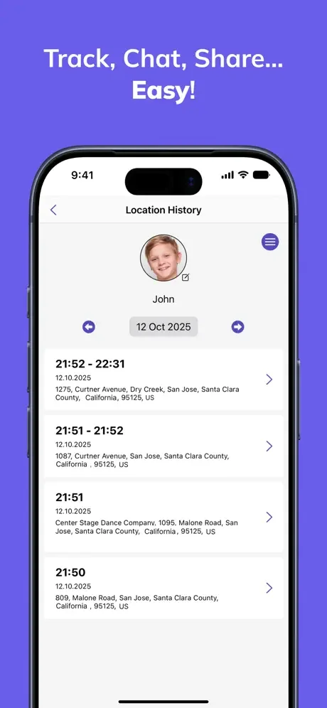 Location history list view for contact John showing detailed timestamps and addresses with time-based location entries