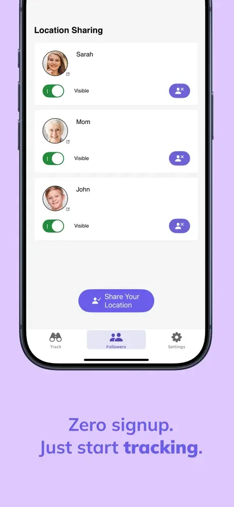Location sharing settings screen with three contacts featuring visibility toggles and share buttons for location permissions