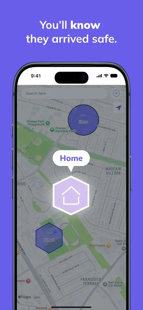 Map view with safe zones feature highlighting Home and School regions using geofencing for arrival notifications