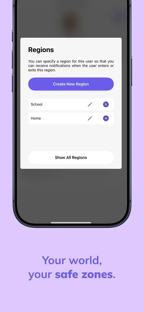 Regions settings dialog for creating and managing safe zones with edit and delete options for geofence-based alerts