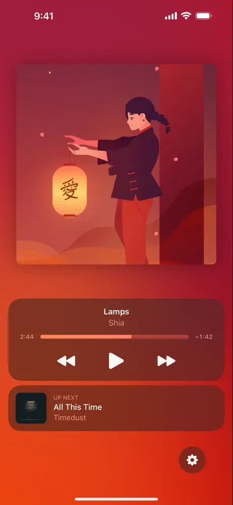 Music player Live Activity widget displaying currently playing song Lamps by Shia with progress bar, playback controls, and Up Next queue for Apple Music