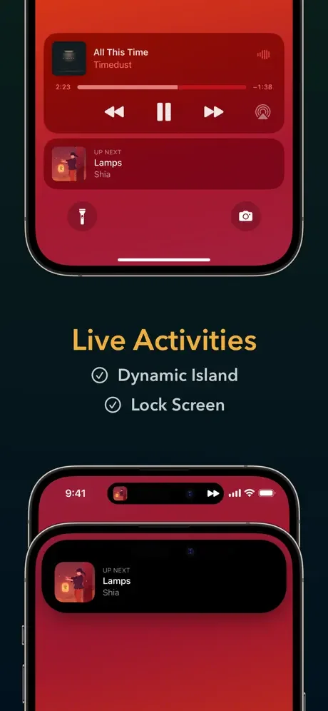 Live Activities music widget showing support for Dynamic Island and Lock Screen display modes with playback controls, song info, and full-screen music player for Apple Music