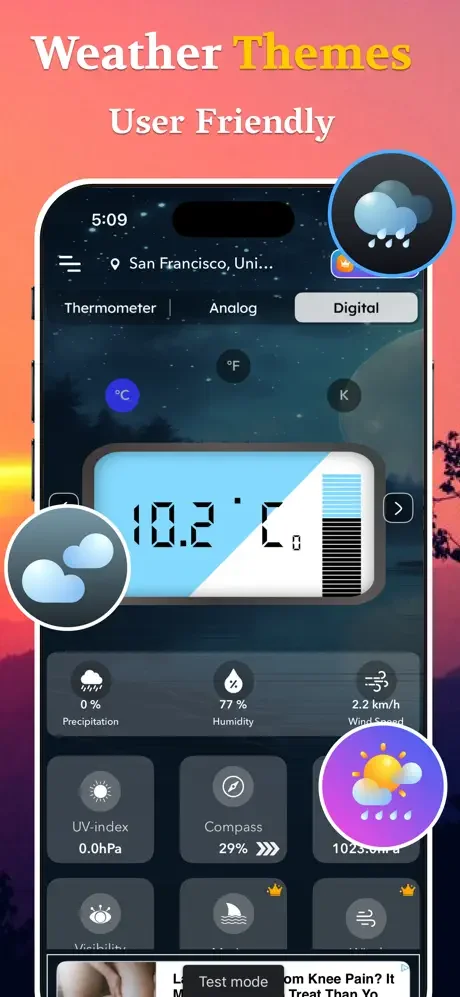Weather display customization showing temperature, humidity, wind, precipitation, UV-index, and compass in various formats