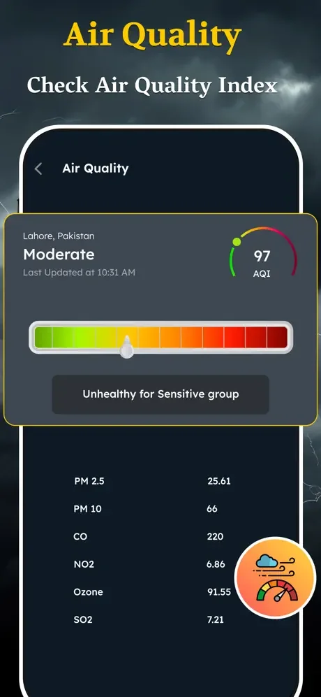Air Quality screen showing Lahore's moderate 97 AQI rating with gauge and pollution data for PM 2.5, PM 10, CO, NO2, ozone, SO2
