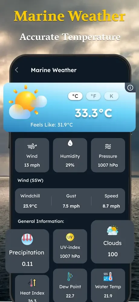 Marine Weather displaying 33.3°C with wind, humidity, pressure, windchill, UV-index, precipitation, and dew point data