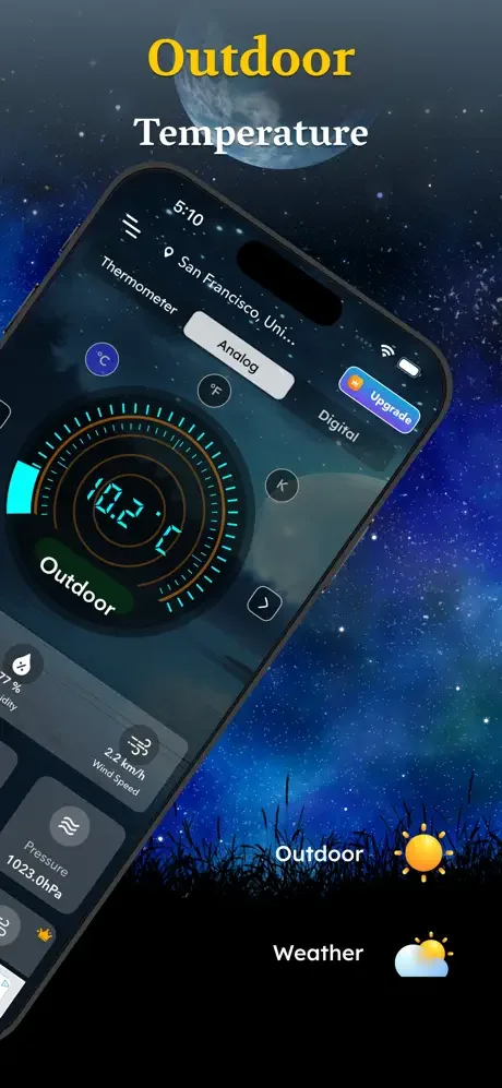 Outdoor temperature screen with 10.7°C circular gauge for San Francisco with thermometer toggle for analog and digital views