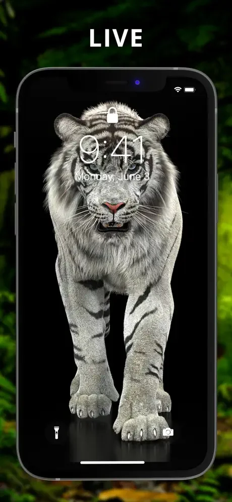 3D live white tiger wallpaper lock screen with time display on dark background