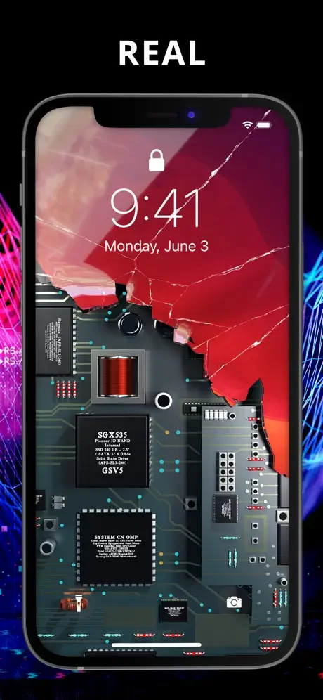 Futuristic tech circuit board 3D wallpaper with neon electronic design and components