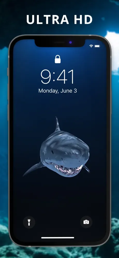 Ultra HD ocean great white shark 3D wallpaper with aquatic underwater background scene