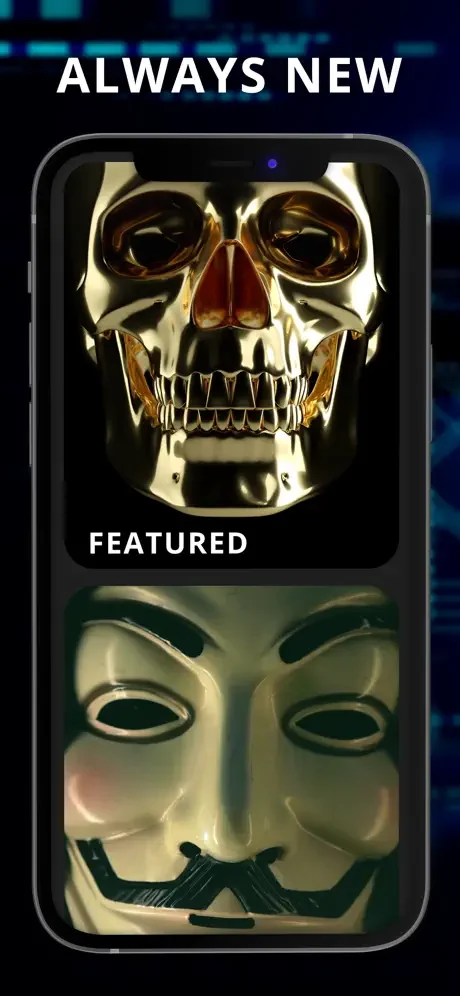 Featured 3D wallpaper gallery showcasing metallic skull and face mask design collections