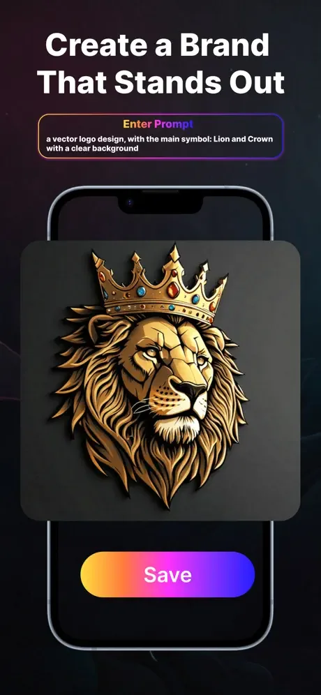 AI logo creation with custom prompt showing golden lion with crown design on phone mockup and Save button