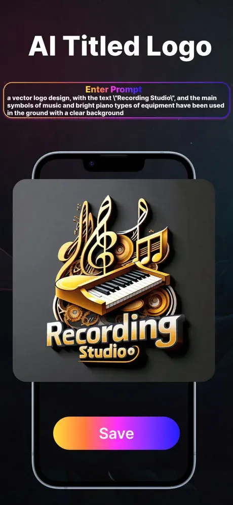 Recording Studio logo featuring musical notes and piano elements generated by AI with gold text and Save option