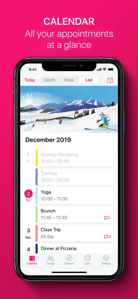 Family calendar showing December 2019 appointments and events with times for easy group scheduling