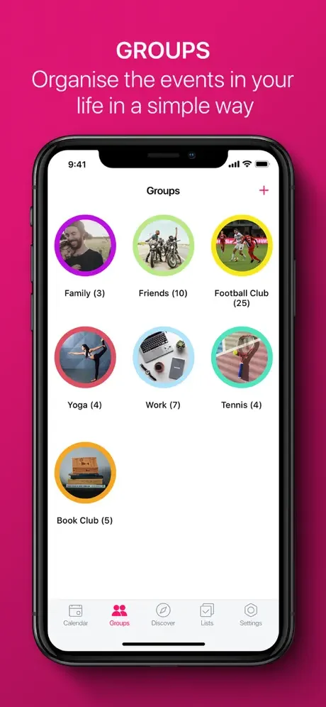 Groups feature displaying organized family, friends, work, yoga, tennis, football and book club circles