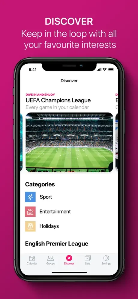 Discover feature with event categories including sports, entertainment, and holidays to explore and add
