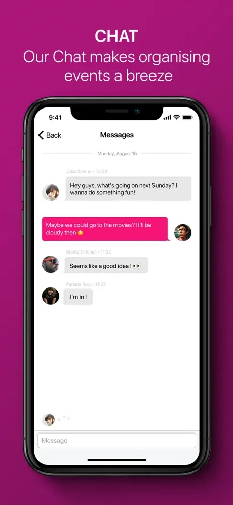 Chat messages showing group conversation planning events with participants discussing activity options