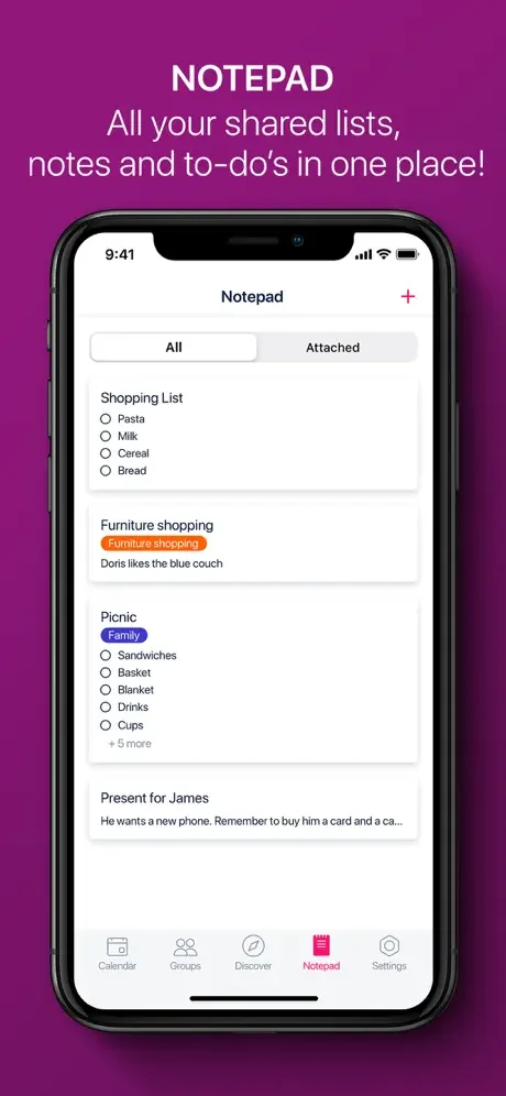Notepad with shared shopping lists, notes, to-do items and tagged lists for family organization and planning