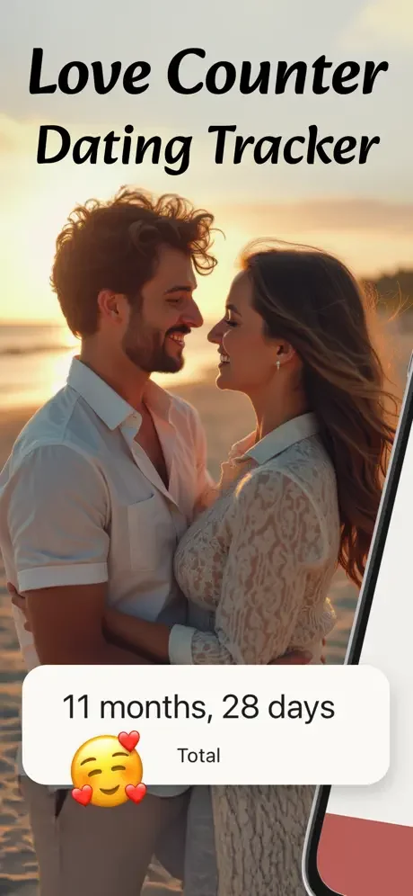 Love Counter Dating Tracker splash screen showing couple at sunset with total relationship duration of 11 months, 28 days