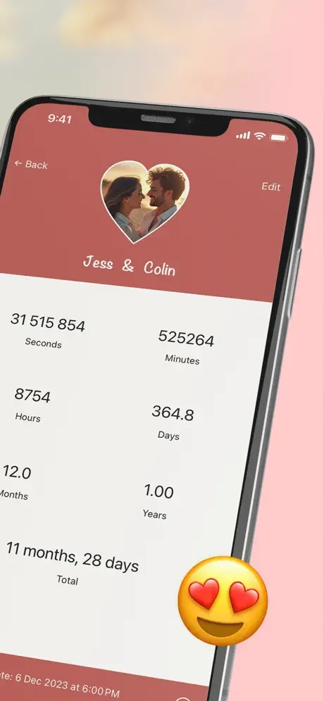 Relationship detail view for Jess & Colin displaying duration breakdown in seconds, minutes, hours, days, months, and years