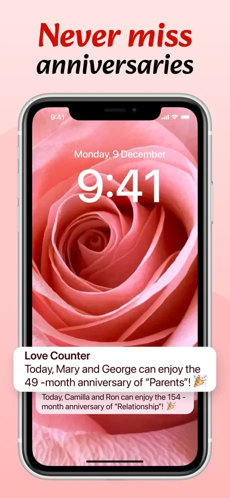 Anniversary reminder notification on iPhone lock screen showing Love Counter alerts for relationship milestones