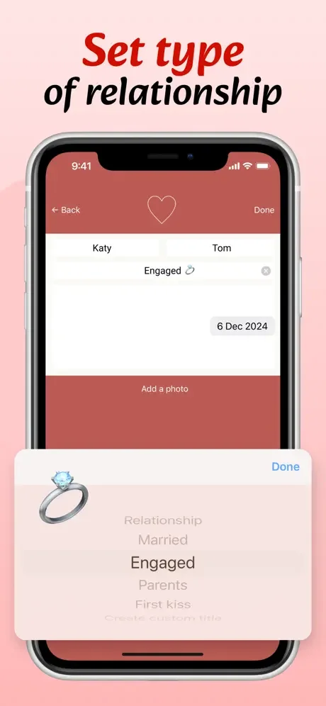 Set relationship type form showing dropdown menu with Engaged, Married, Parents, First kiss, and custom title options