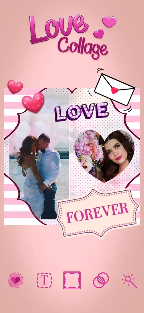 Finished love photo collage featuring couple beach photo, portrait in heart frame, pink striped background with decorative text and hearts editing options
