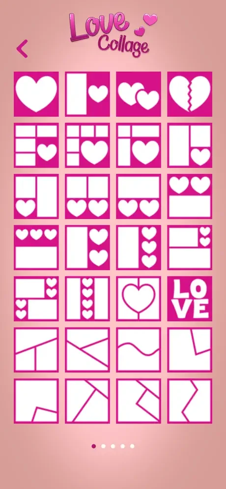 Scrollable gallery of 32+ pink and white photo collage layout templates with various heart designs and multi-photo frame arrangements