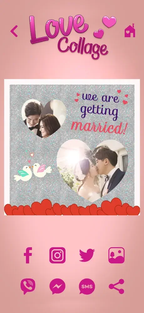 Wedding announcement photo collage with bride and groom heart-shaped frames, decorative swans and sharing buttons for Facebook Instagram Twitter and messaging apps