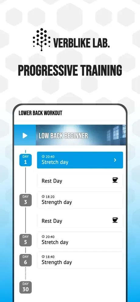 Low Back Beginner progressive training schedule with daily alternating stretch and strength workouts spanning 30 days