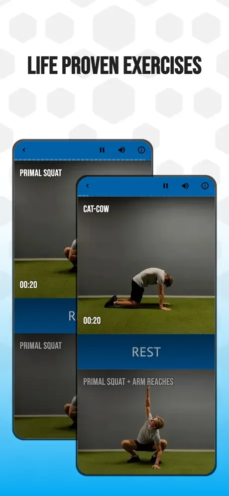 Video-guided back exercises including Primal Squat and Cat-Cow with 20-second demonstrations and rest periods