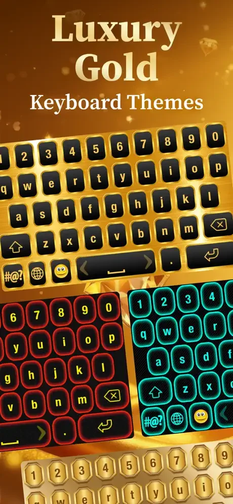 Luxury Gold Keyboard Themes app home screen with gold, red, cyan, and beige keyboard theme previews