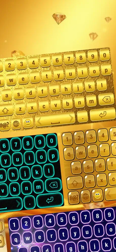 Stacked collection of colorful keyboard theme previews including gold, neon cyan, beige, and purple designs