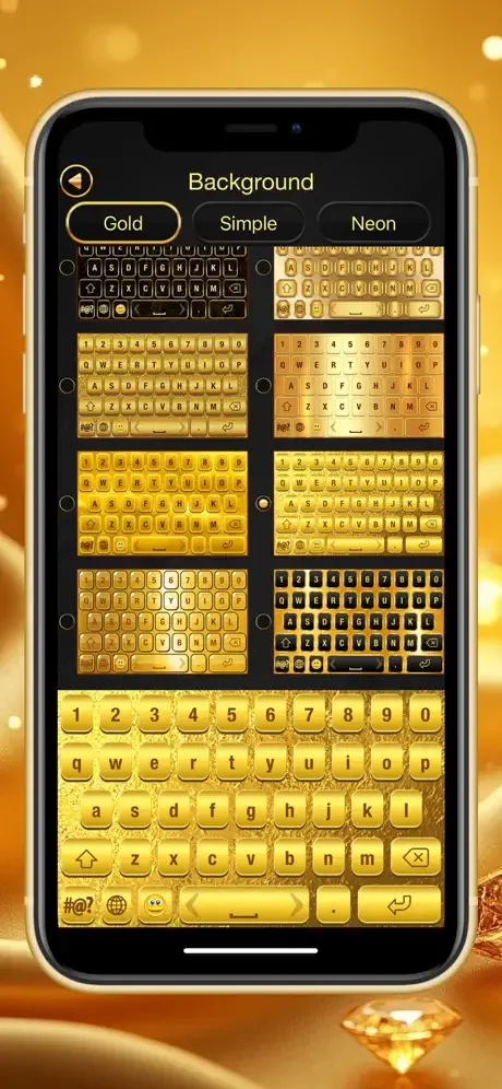 Background theme selector displaying gold keyboard options with multiple texture and style variations