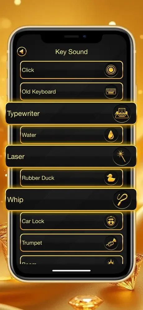 Key Sound settings menu with customizable audio options including Click, Typewriter, Water, and Laser sounds