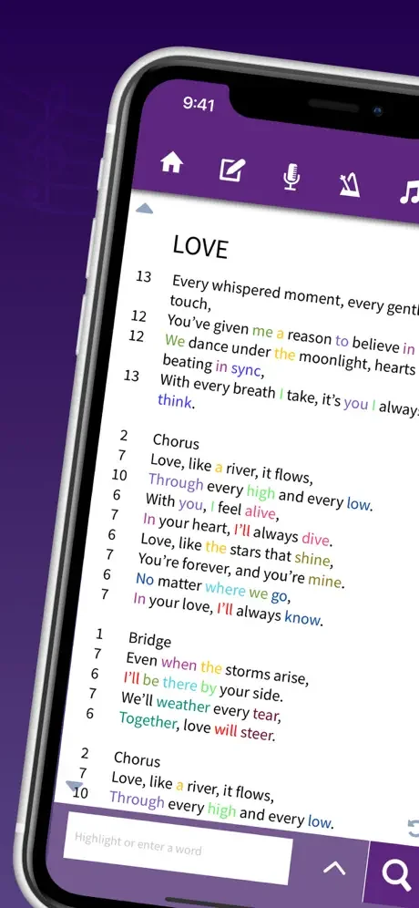 Lyric Notepad showing song lyrics with color-coded rhyming words and integrated editing tools for songwriting
