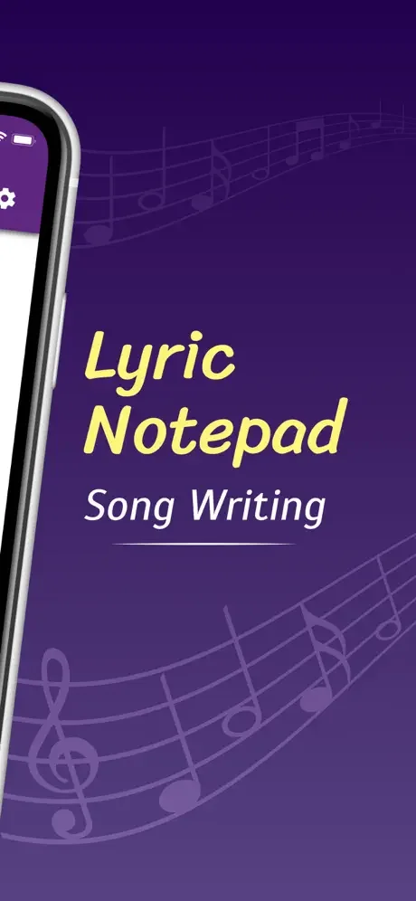 Lyric Notepad Song Writing app welcome screen with musical notes background and branding