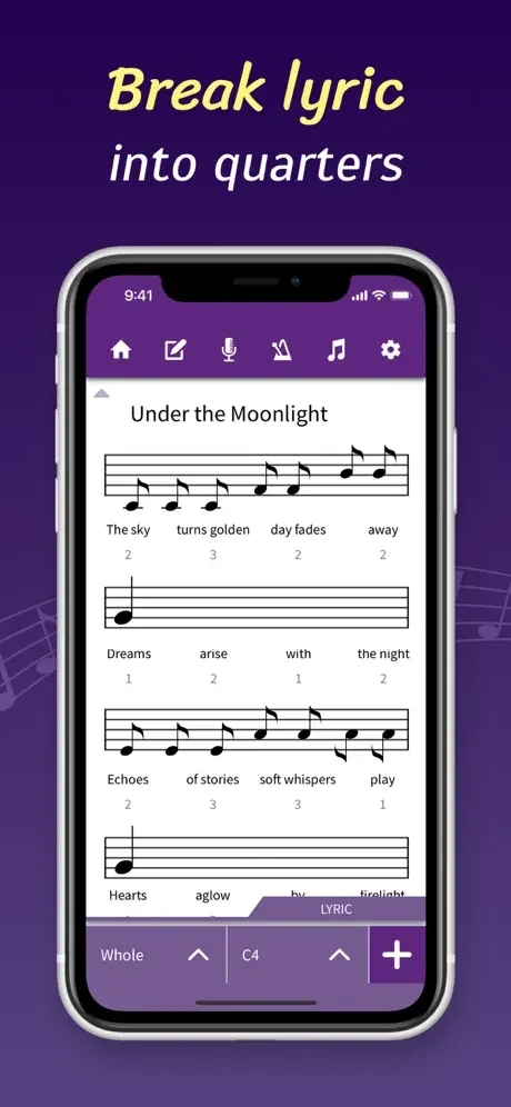 Lyric Notepad song composition feature breaking lyrics into musical quarters with notation visualization
