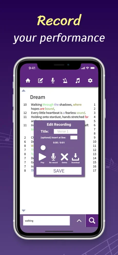 Lyric Notepad recording feature with save, re-record, and download options for vocal performances