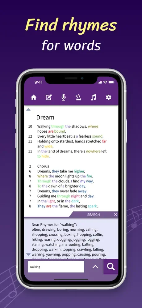 Lyric Notepad rhyme finder tool displaying word rhyming suggestions for song composition assistance
