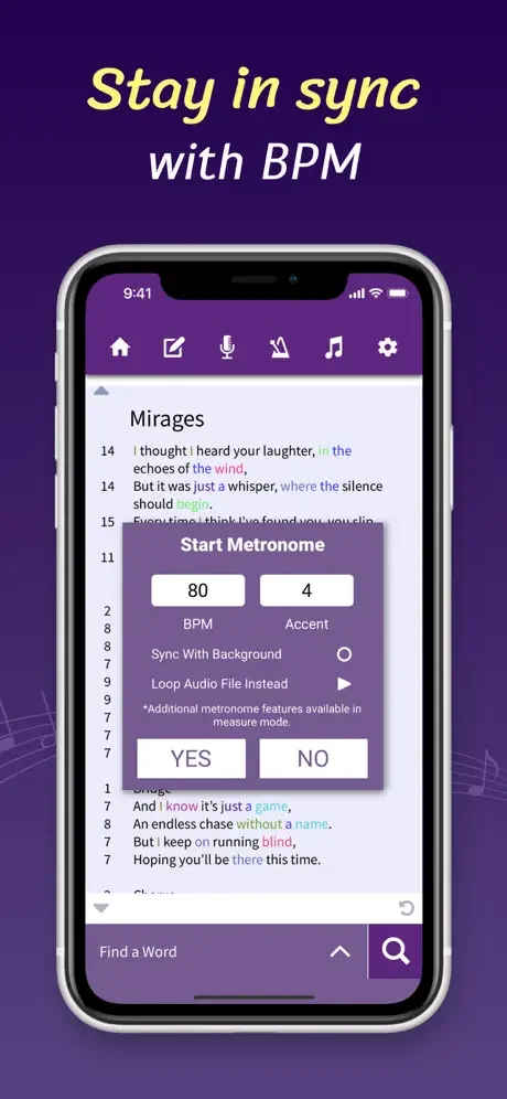 Lyric Notepad metronome feature with BPM and accent settings to maintain timing while recording