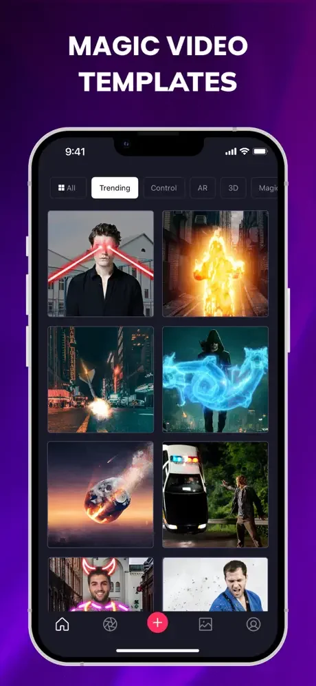 Magic FX templates browser showing grid of video effects with trending, 3D, AR, and magic filter categories for video creation