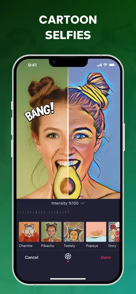 Cartoon selfie video effect editor with before/after transformation, intensity slider, and cartoon filter style presets available